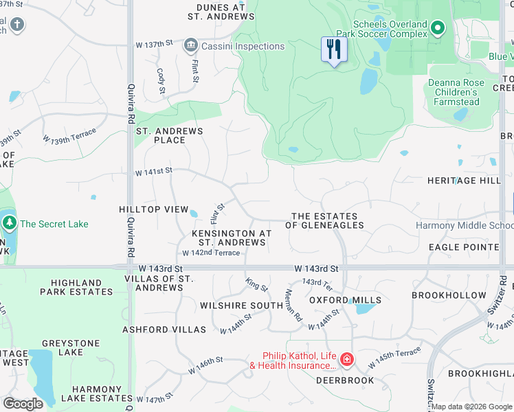 map of restaurants, bars, coffee shops, grocery stores, and more near 11300 West 140th Place in Overland Park