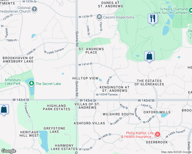map of restaurants, bars, coffee shops, grocery stores, and more near 14119 Cody Street in Overland Park