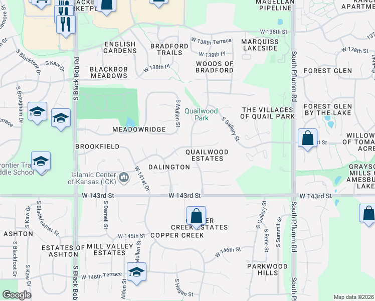 map of restaurants, bars, coffee shops, grocery stores, and more near 14308 West 141st Terrace in Olathe