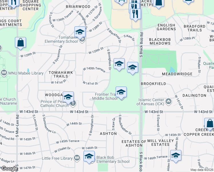 map of restaurants, bars, coffee shops, grocery stores, and more near 15511 West 141st Street in Olathe