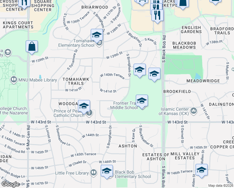 map of restaurants, bars, coffee shops, grocery stores, and more near 15537 West 141st Street in Olathe