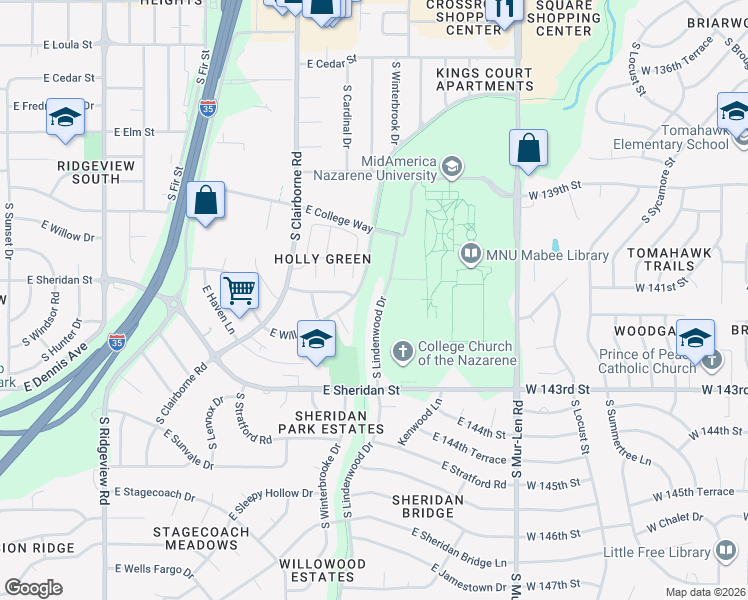 map of restaurants, bars, coffee shops, grocery stores, and more near 801 South Lindenwood Drive in Olathe