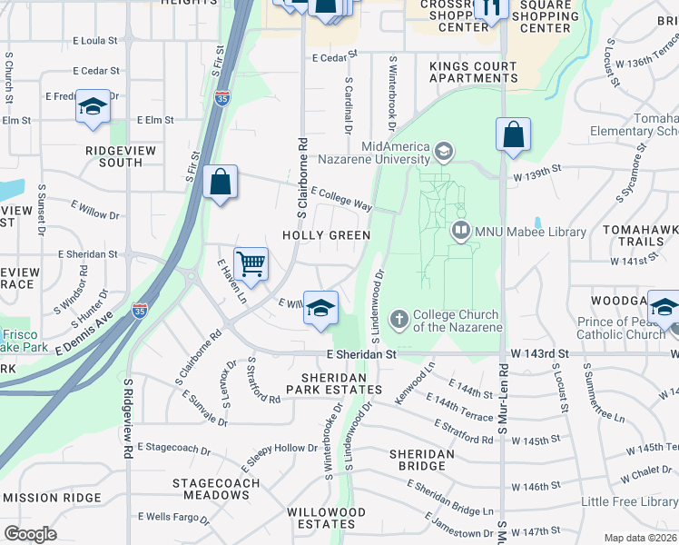 map of restaurants, bars, coffee shops, grocery stores, and more near 1706 East Penrose Lane in Olathe
