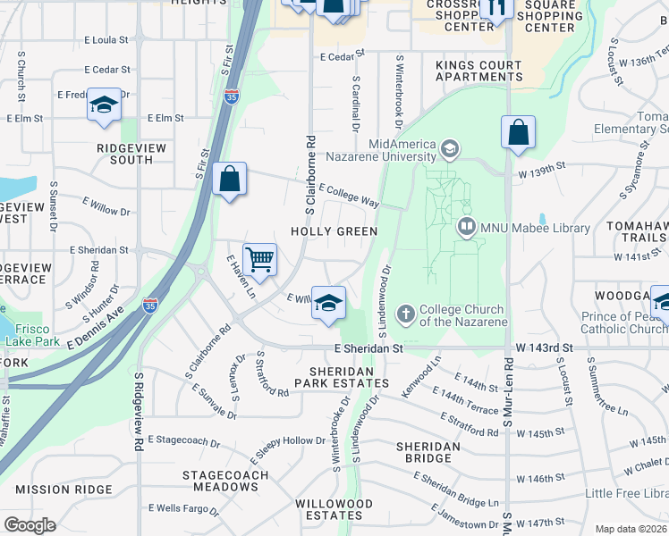 map of restaurants, bars, coffee shops, grocery stores, and more near 1706 East Penrose Lane in Olathe