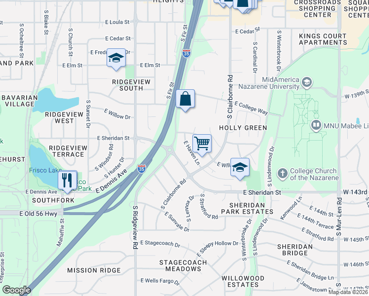 map of restaurants, bars, coffee shops, grocery stores, and more near 1414 East Haven Lane in Olathe