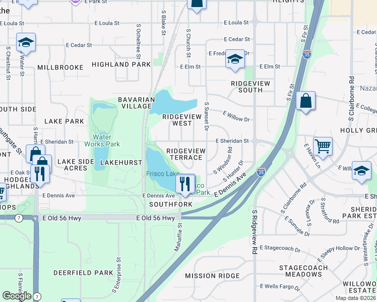 map of restaurants, bars, coffee shops, grocery stores, and more near 885 South Sheridan Circle in Olathe