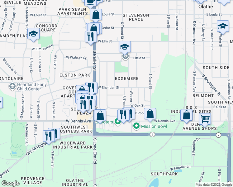 map of restaurants, bars, coffee shops, grocery stores, and more near 821 West Sheridan Street in Olathe