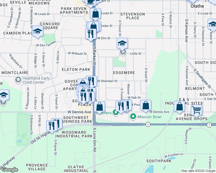 map of restaurants, bars, coffee shops, grocery stores, and more near 901 West Sheridan Street in Olathe