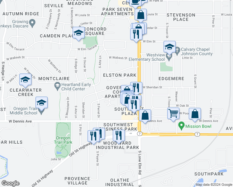 map of restaurants, bars, coffee shops, grocery stores, and more near 1125 West Sheridan Street in Olathe