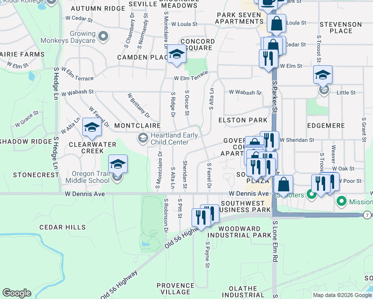map of restaurants, bars, coffee shops, grocery stores, and more near 1421 West Alta Lane in Olathe