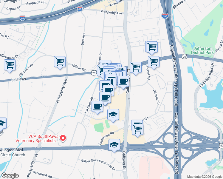 map of restaurants, bars, coffee shops, grocery stores, and more near 2909 District Avenue in Fairfax