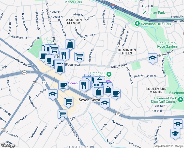 map of restaurants, bars, coffee shops, grocery stores, and more near 6122 Willston Drive in Falls Church
