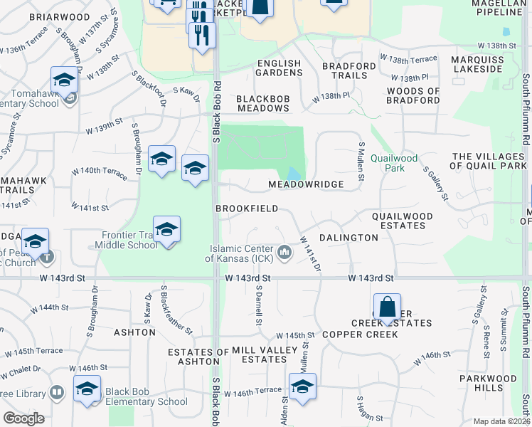 map of restaurants, bars, coffee shops, grocery stores, and more near 14725 West 141st Street in Olathe
