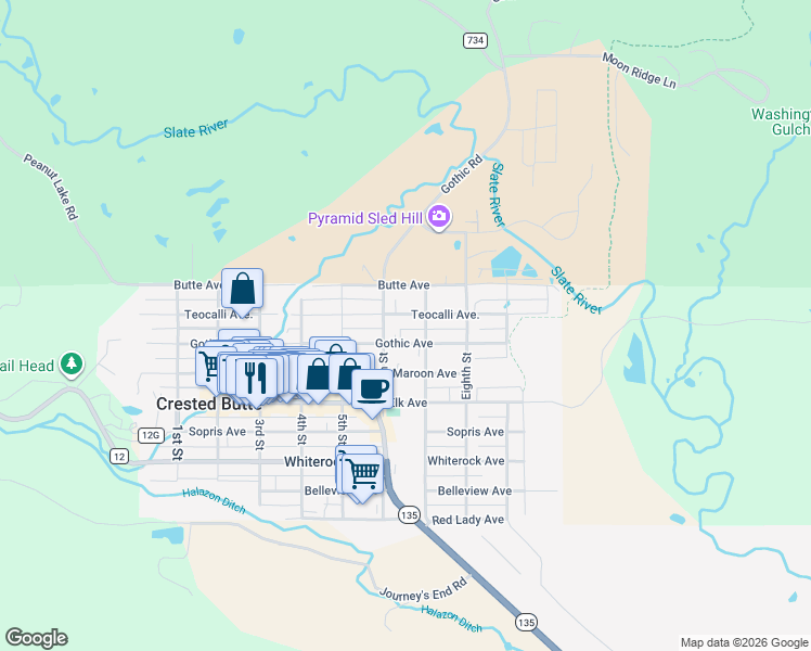 map of restaurants, bars, coffee shops, grocery stores, and more near 615 Teocalli Avenue in Crested Butte