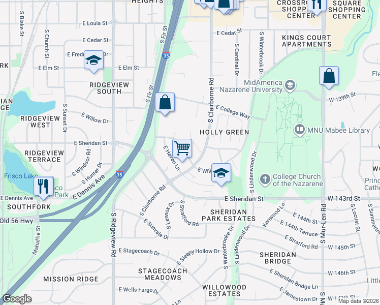 map of restaurants, bars, coffee shops, grocery stores, and more near 1434 East Willow Drive in Olathe