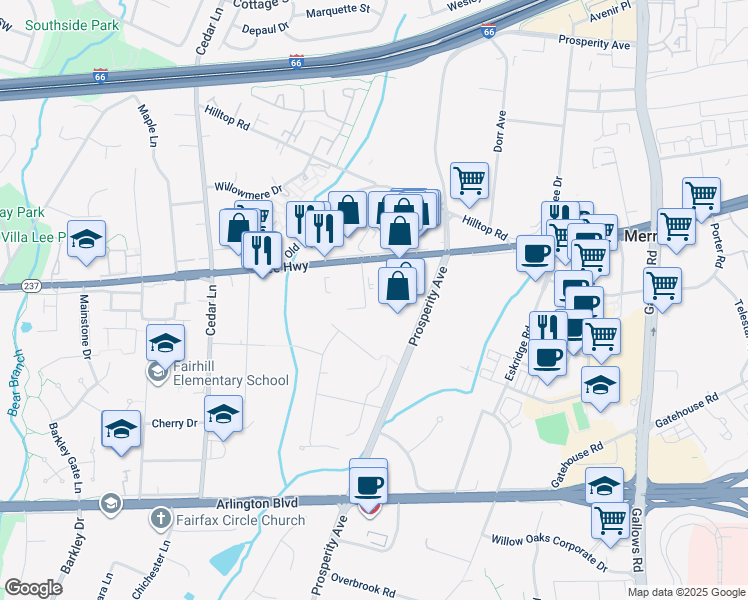 map of restaurants, bars, coffee shops, grocery stores, and more near 8435 U.S. 29 in Fairfax