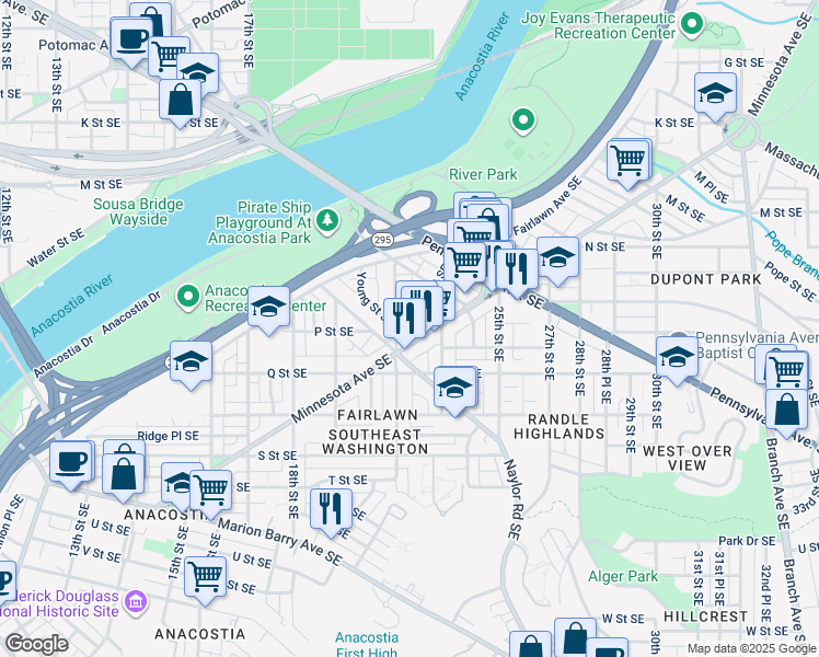 map of restaurants, bars, coffee shops, grocery stores, and more near 2200 Minnesota Avenue Southeast in Washington