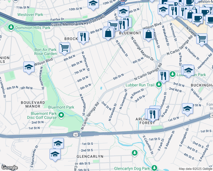 map of restaurants, bars, coffee shops, grocery stores, and more near 415 North Harrison Street in Arlington
