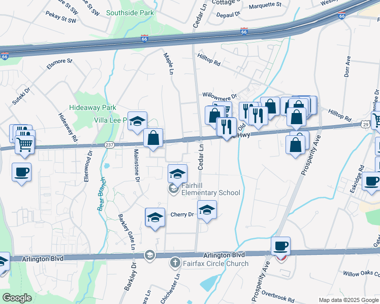 map of restaurants, bars, coffee shops, grocery stores, and more near 2962 Nipper Way in Fairfax