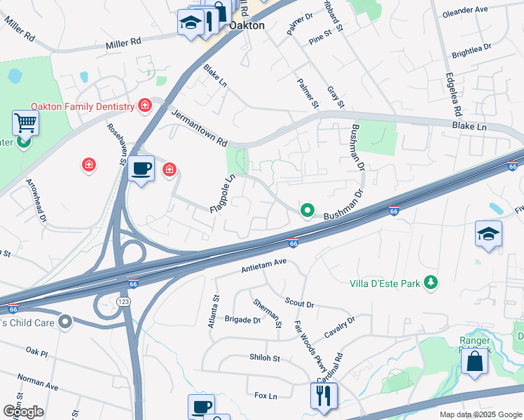 map of restaurants, bars, coffee shops, grocery stores, and more near 3176 Summit Square Drive in Oakton