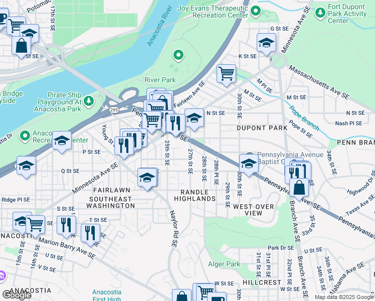 map of restaurants, bars, coffee shops, grocery stores, and more near 1501 27th Street Southeast in Washington