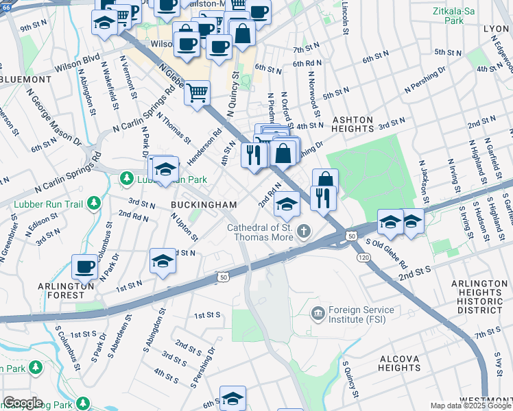 map of restaurants, bars, coffee shops, grocery stores, and more near 248 North Thomas Street in Arlington