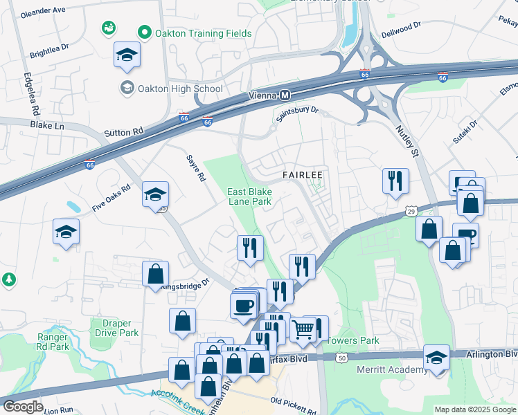 map of restaurants, bars, coffee shops, grocery stores, and more near 9533 Poplar Leaf Court in Fairfax