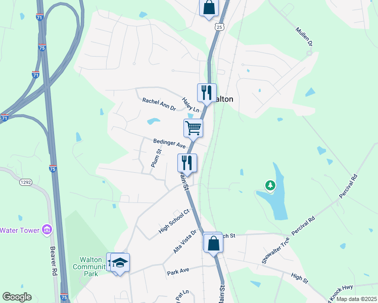 map of restaurants, bars, coffee shops, grocery stores, and more near 133 North Main Street in Walton