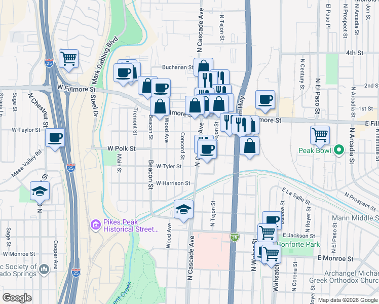 map of restaurants, bars, coffee shops, grocery stores, and more near 2810 North Cascade Avenue in Colorado Springs