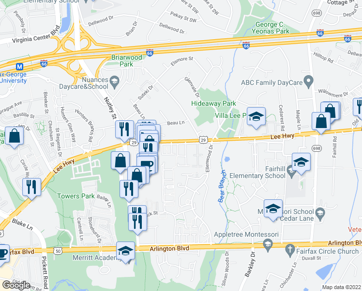 map of restaurants, bars, coffee shops, grocery stores, and more near 9033 Lee Highway in Fairfax