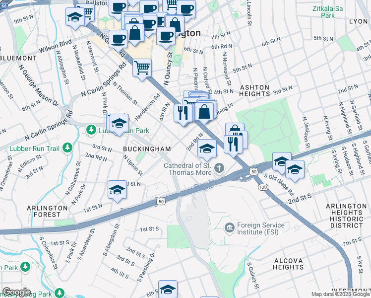 map of restaurants, bars, coffee shops, grocery stores, and more near 248 North Thomas Street in Arlington