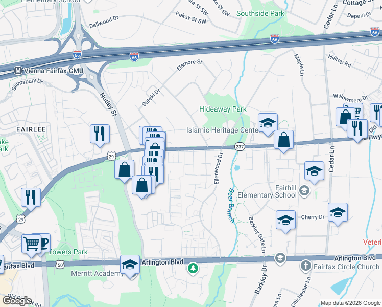 map of restaurants, bars, coffee shops, grocery stores, and more near 9027 Lee Highway in Fairfax