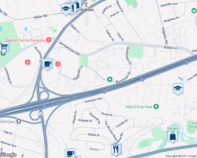 map of restaurants, bars, coffee shops, grocery stores, and more near 3175 Summit Square Drive in Oakton