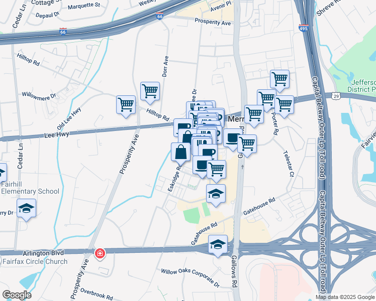 map of restaurants, bars, coffee shops, grocery stores, and more near 2917 Eskridge Road in Fairfax