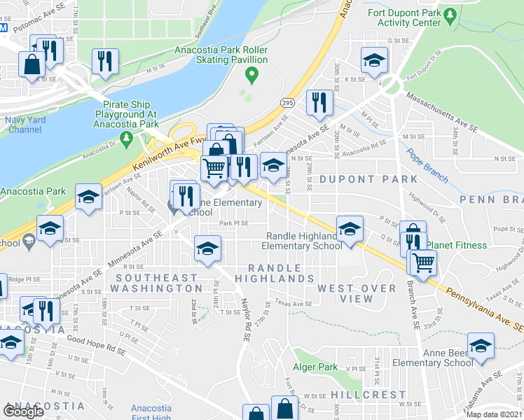 map of restaurants, bars, coffee shops, grocery stores, and more near 1501 27th Street Southeast in Washington