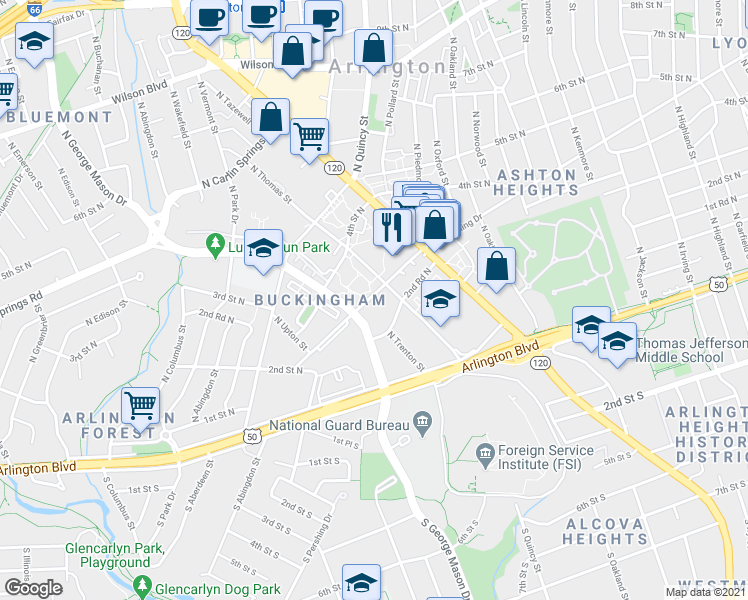 map of restaurants, bars, coffee shops, grocery stores, and more near 4312 North Pershing Drive in Arlington