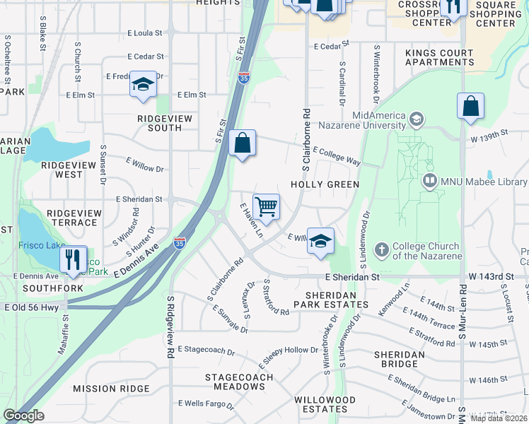 map of restaurants, bars, coffee shops, grocery stores, and more near 1434 East Willow Drive in Olathe