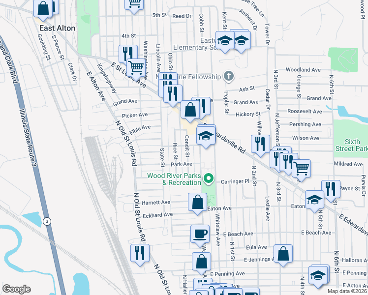 map of restaurants, bars, coffee shops, grocery stores, and more near 809 Rice Street in Wood River