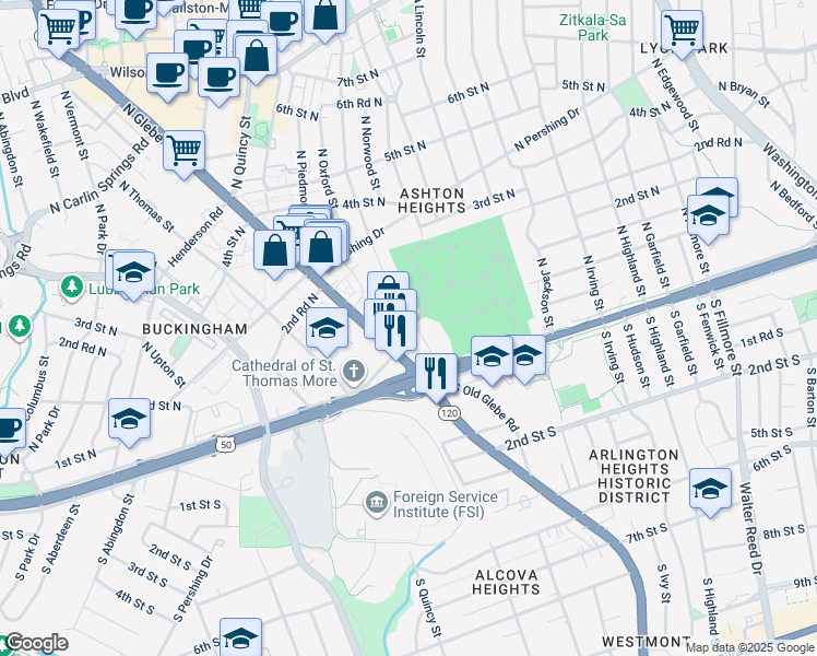 map of restaurants, bars, coffee shops, grocery stores, and more near 44 North Oakland Street in Arlington