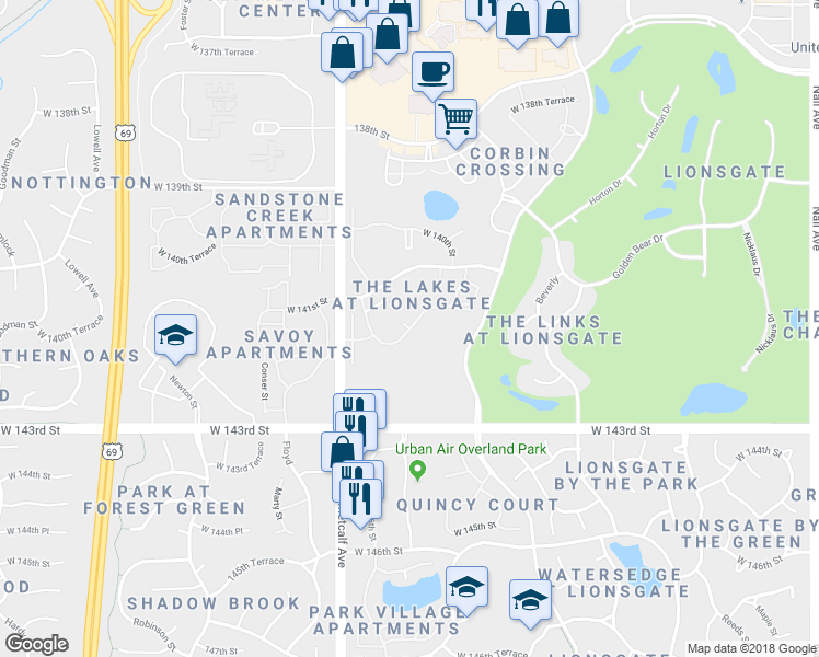 map of restaurants, bars, coffee shops, grocery stores, and more near 6718 West 141st Terrace in Overland Park