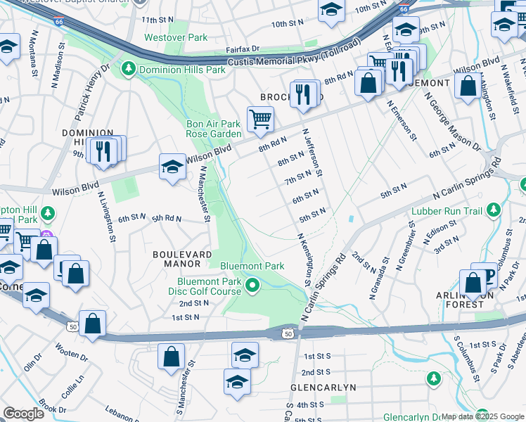 map of restaurants, bars, coffee shops, grocery stores, and more near 5731 6th Street North in Arlington