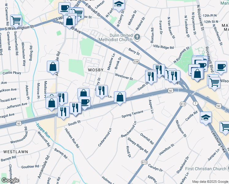 map of restaurants, bars, coffee shops, grocery stores, and more near 2916 Linden Lane in Falls Church