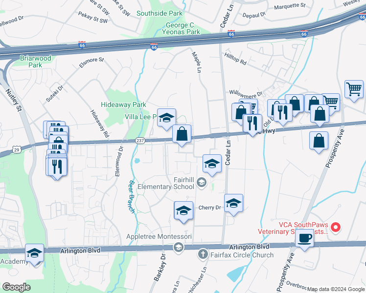 map of restaurants, bars, coffee shops, grocery stores, and more near 8825 Blue Royale Lane in Fairfax