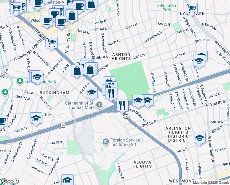 map of restaurants, bars, coffee shops, grocery stores, and more near 44 North Oakland Street in Arlington