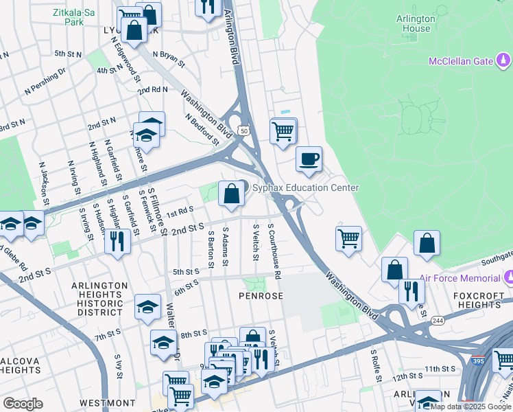 map of restaurants, bars, coffee shops, grocery stores, and more near 108 South Courthouse Road in Arlington