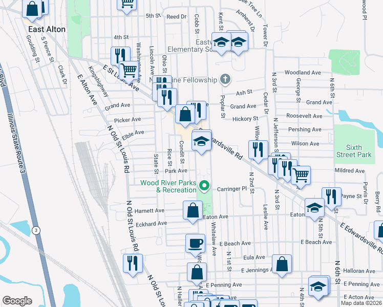 map of restaurants, bars, coffee shops, grocery stores, and more near 10 Chessen Avenue in Wood River