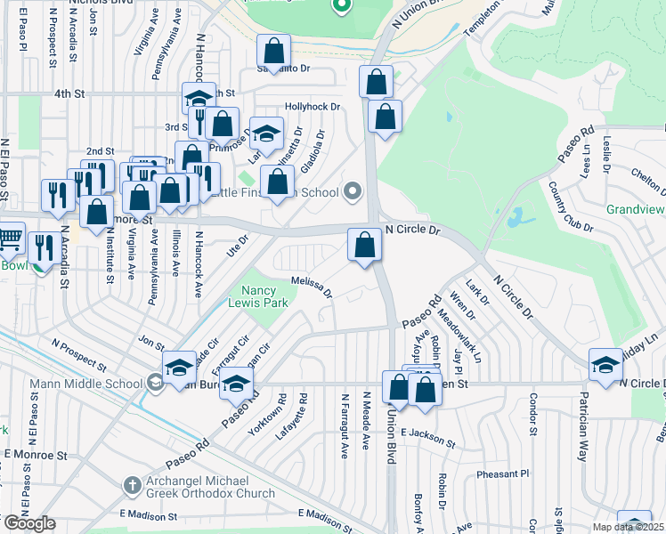 map of restaurants, bars, coffee shops, grocery stores, and more near 2814 Pioneer Meadows Point in Colorado Springs