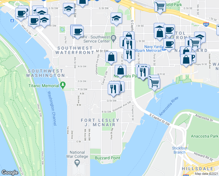 map of restaurants, bars, coffee shops, grocery stores, and more near 101 Independence Avenue Southeast in Washington