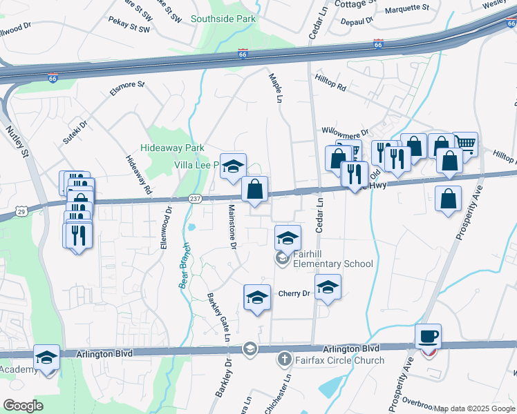 map of restaurants, bars, coffee shops, grocery stores, and more near 8823 Blue Royale Lane in Fairfax