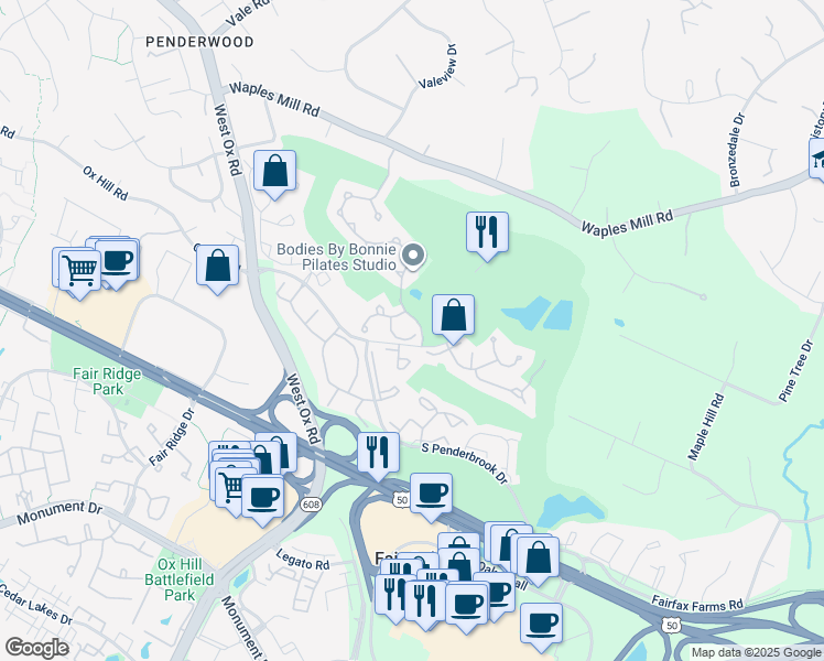 map of restaurants, bars, coffee shops, grocery stores, and more near 3905 Golf Tee Court in Fairfax